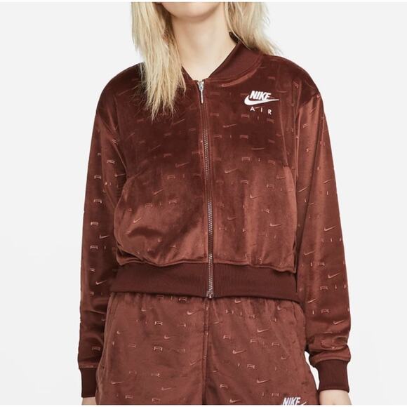 Nike Air Cropped Velour Zip Bomber Jacket S Bronze Eclipse - Picture 1 of 6